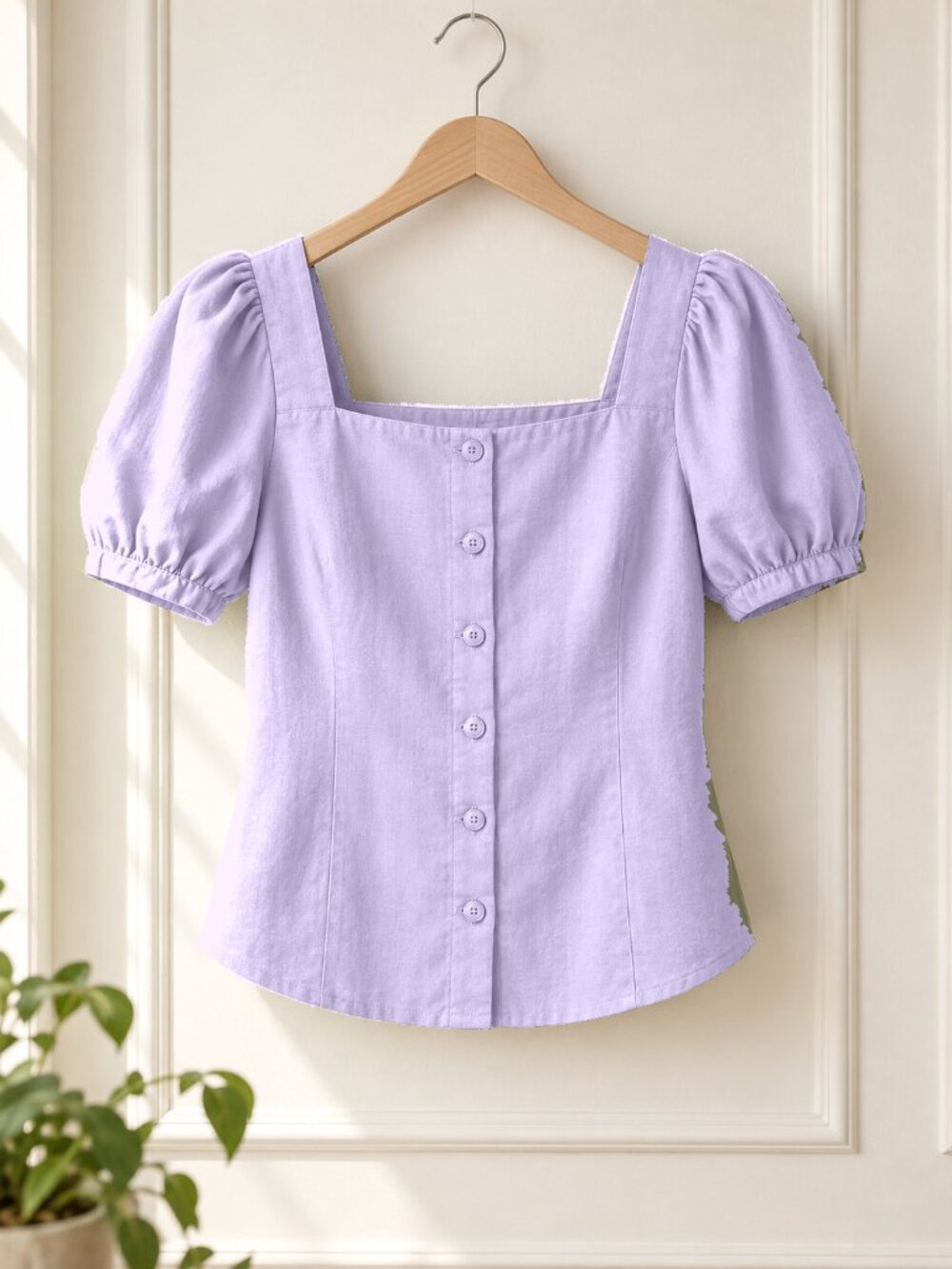 Women's Pale Periwinkle Square Neck Puff Sleeve Button Front Blouse